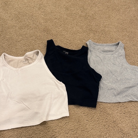 aerie Tops - Set of 3 Ribbed Cropped Tank Tops - White, Black, Gray
